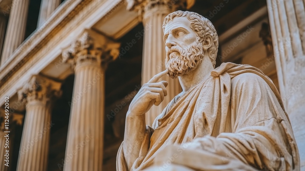 Ancient Greek philosopher statue thinking with hand on chin, symbolizing philosophy, history, art, and cultural heritage in classical architecture. Ancient Greek philosopher statue thinking with hand on chin, symbolizing philosophy, history, art, and cultural heritage in classical architecture.