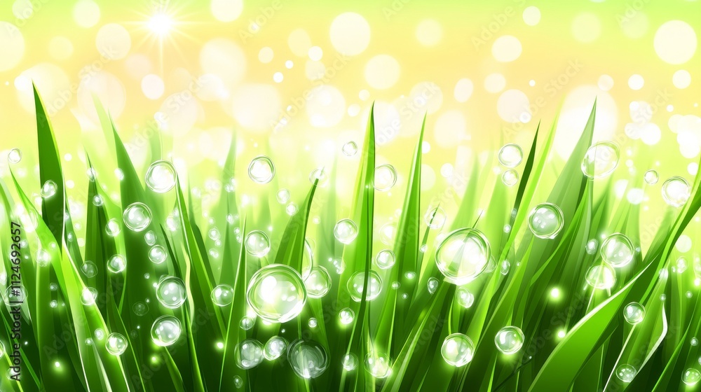 Fototapeta premium Fresh morning dew on vibrant green grass with sunburst bokeh