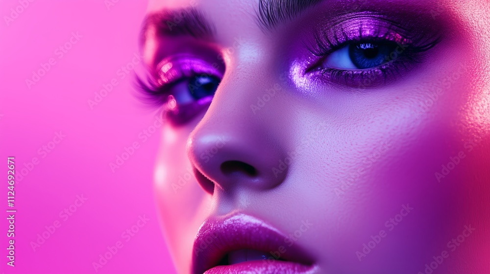 Captivating beauty close-up with vibrant purple lighting and striking makeup details in an artistic portrait Captivating beauty close-up with vibrant purple lighting and striking makeup details in an artistic portrait