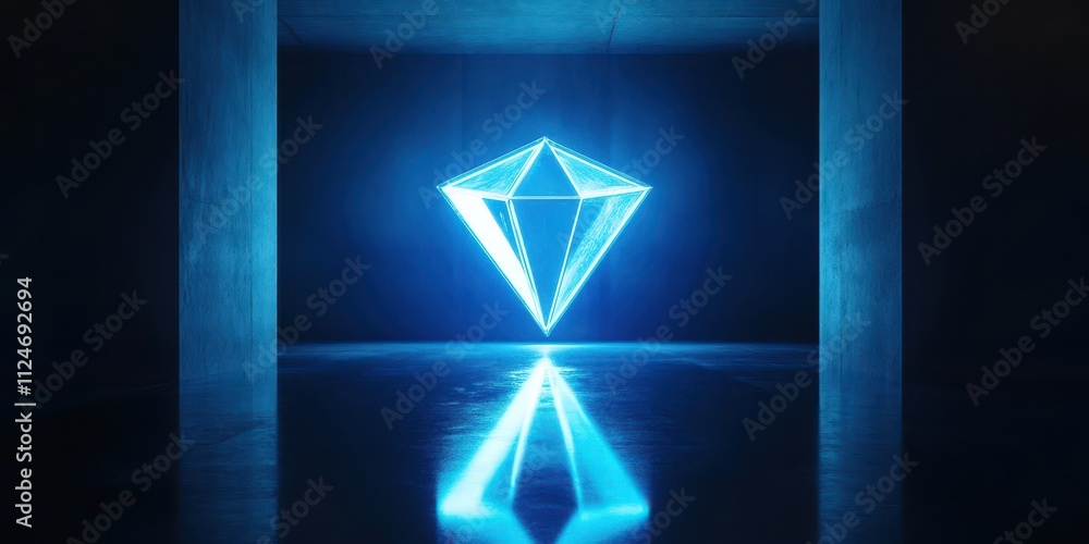 A glowing neon diamond symbol in vivid blue, placed in a minimalist setting with light reflecting off its sharp angles, bottom half for text. A glowing neon diamond symbol in vivid blue, placed in a minimalist setting with light reflecting off its sharp angles, bottom half for text.