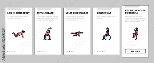 pregnant fitness onboarding mobile vector exercise yoga, strength flexibility, wellness health, balance stamina, nutrition pregnant fitness illustrations