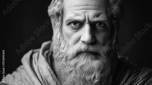 Grayscale AI facial reconstruction of Pythagoras based on his known sculpture, ancient Greek mathematician and philosopher.  
