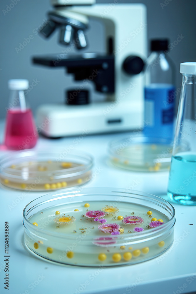 Microbial Growth in Petri Dishes with Laboratory Apparatus and Microscope Background Microbial Growth in Petri Dishes with Laboratory Apparatus and Microscope Background