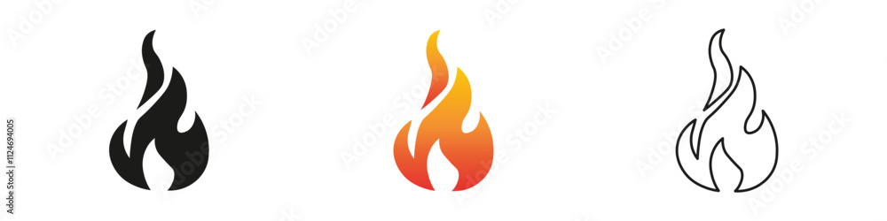 Colorful flame icons representing different fire styles. Fire icon vector set. Flame icon collection. Fire flame symbol. Black, gradient, line set Colorful flame icons representing different fire styles. Fire icon vector set. Flame icon collection. Fire flame symbol. Black, gradient, line set