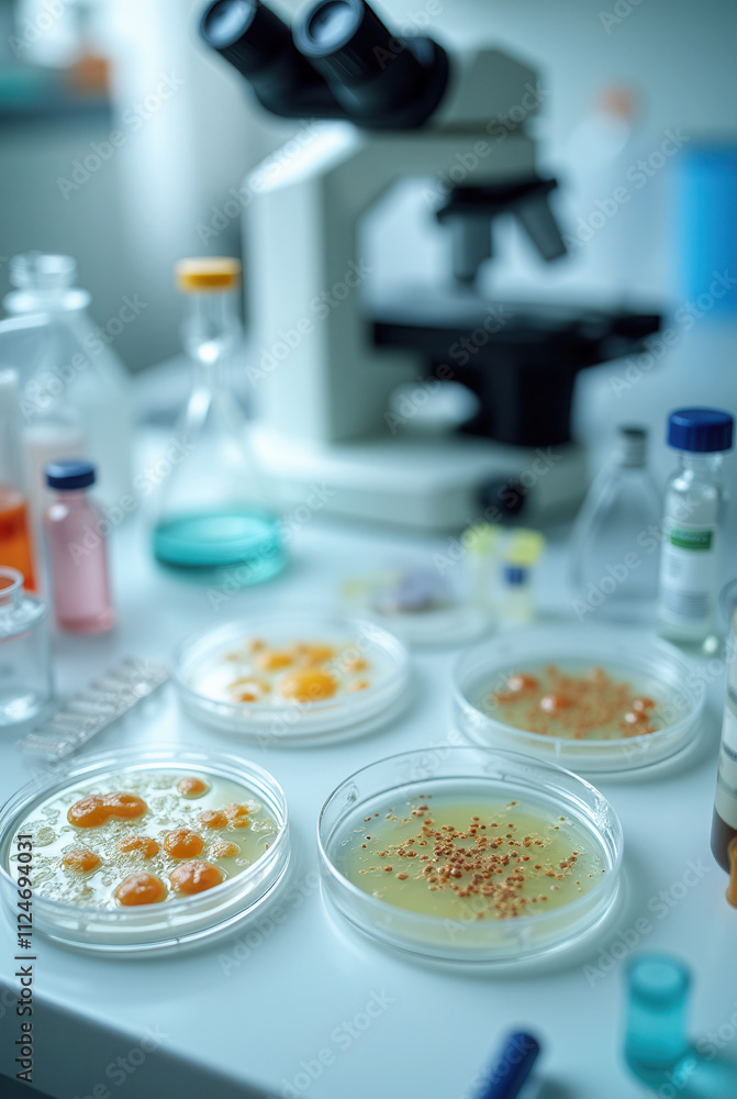 Sterile Lab Counter with Agar Petri Dishes Hosting E. coli and S. aureus Sterile Lab Counter with Agar Petri Dishes Hosting E. coli and S. aureus