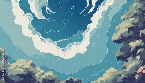 Illustration of a stormy sea with waves and cumulus clouds. Global colors.