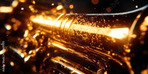 A close-up of a shiny trumpet, glowing in golden hues, with the light reflecting off the brass, symbolizing the elegance of jazz, upper half for text. photo