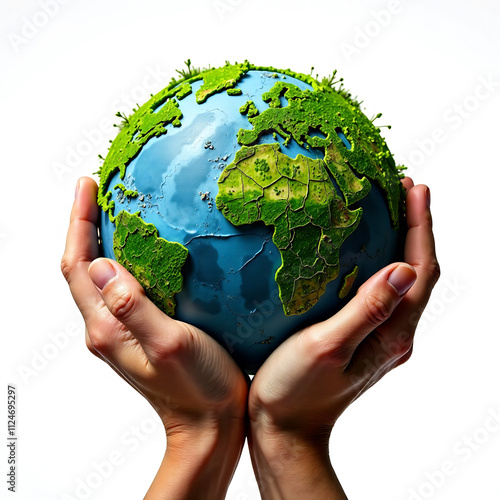 earthly embrace hands holding globe with lush green foliage world environment day concept white background . AI GENERATIVE IMAGE