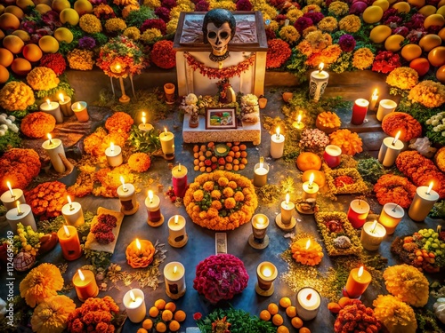 Aerial View of Vibrant Marigold Flowers and Glowing Candles on a Day of the Dead Altar, Celebrating Life and Tradition with Colorful Offerings and Cultural Significance