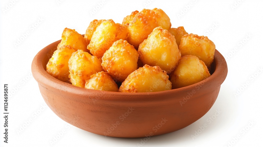 Isolated cheesy party potatoes with a golden crust, served in a rustic terracotta bowl on a white background Isolated cheesy party potatoes with a golden crust, served in a rustic terracotta bowl on a white background