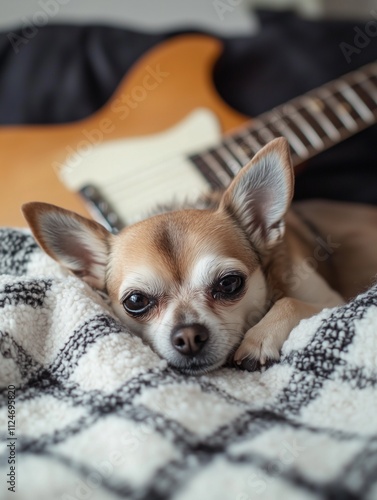 Relaxed Chihuahua by a Guitar