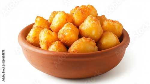 Isolated cheesy party potatoes with a golden crust, served in a rustic terracotta bowl on a white background