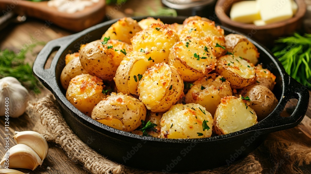 Rustic kitchen countertop with cheesy party potatoes in a cast iron dish, surrounded by ingredients like garlic and butter Rustic kitchen countertop with cheesy party potatoes in a cast iron dish, surrounded by ingredients like garlic and butter