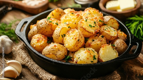 Rustic kitchen countertop with cheesy party potatoes in a cast iron dish, surrounded by ingredients like garlic and butter photo