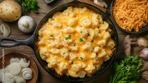 Rustic kitchen setup featuring cheesy party potatoes in a cast iron skillet, surrounded by fresh ingredients like onions and cheese photo