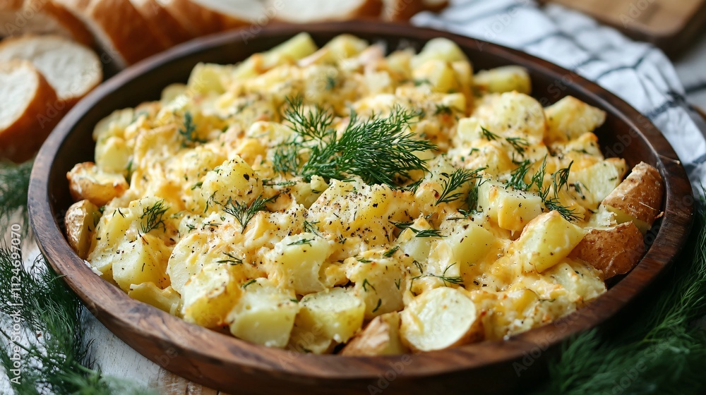 Rustic tray with cheesy party potatoes garnished with fresh dill, surrounded by rustic bread slices Rustic tray with cheesy party potatoes garnished with fresh dill, surrounded by rustic bread slices