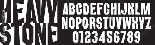 Heavy Chopped simple font on the theme of urbanism, stone, concrete, rock. Set of letters and numbers of the latin alphabet.