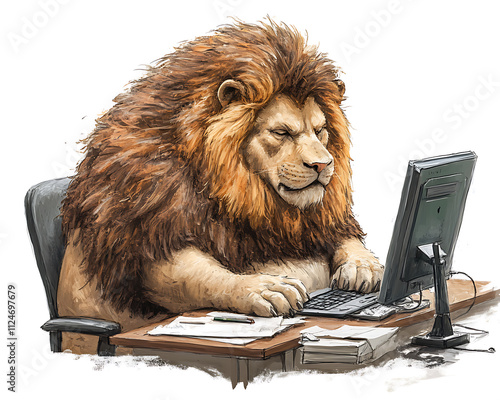 A Majestic Lion Concentrating on his Computer Work in Office Setting photo