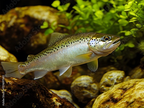 A close-up of a trout swimming among rocks and aquatic plants in a serene underwater scene.