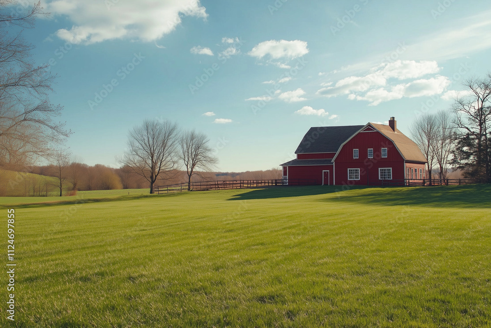 A picturesque red barn sits under a vast blue sky surrounded by lush green fields and rolling hills. This classic rural landscape embodies the peaceful charm of the countryside A picturesque red barn sits under a vast blue sky surrounded by lush green fields and rolling hills. This classic rural landscape embodies the peaceful charm of the countryside