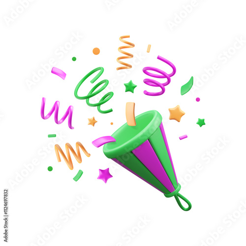 3d party popper. Mardi Gras firecracker with confetti, ribbons and stars. Carnival element. Plastic cartoon petard vector illustration. Firework icon.