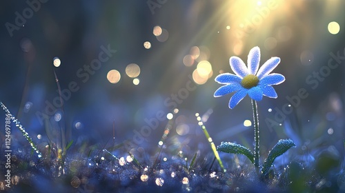 Single Blue Flower in Morning Dew. Nature Photography