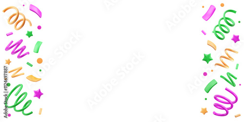 Banner template with 3d confetti border. Firecracker background. Mardi Gras carnival decoration. Frame with copy space and cartoon tinsel, squiggles, stars and dots. Party vector illustration.