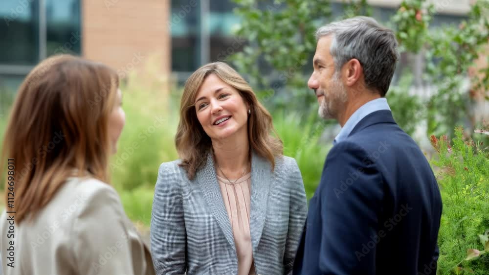 Three business professionals discussing work in an outdoor setting surrounded by greenery, showcasing collaboration and leadership. Three business professionals discussing work in an outdoor setting surrounded by greenery, showcasing collaboration and leadership.