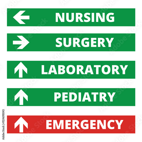 Directional green an red hospital signs on a white background