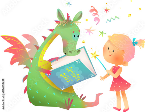 Cute magic dragon reading fairytale book and little girl listen to a fairy tale story . Dragon reading book and girl holding magic wand. Vector characters illustration for children story or library.