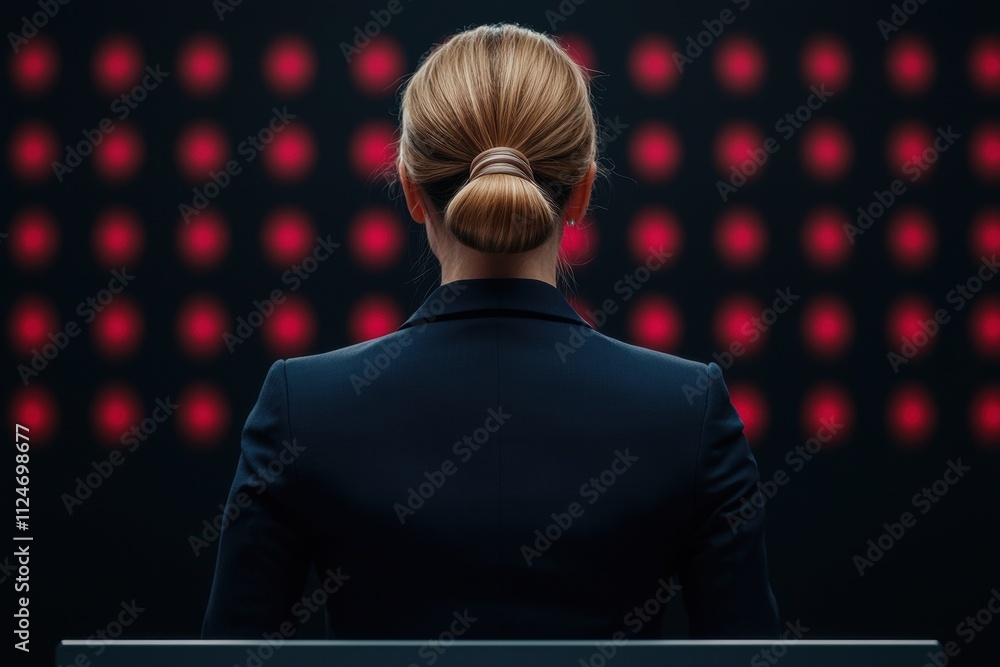 politics government agenda concept. A poised individual stands before a wall of red lights, evoking a sense of mystery and anticipation in a darkened environment. politics government agenda concept. A poised individual stands before a wall of red lights, evoking a sense of mystery and anticipation in a darkened environment.