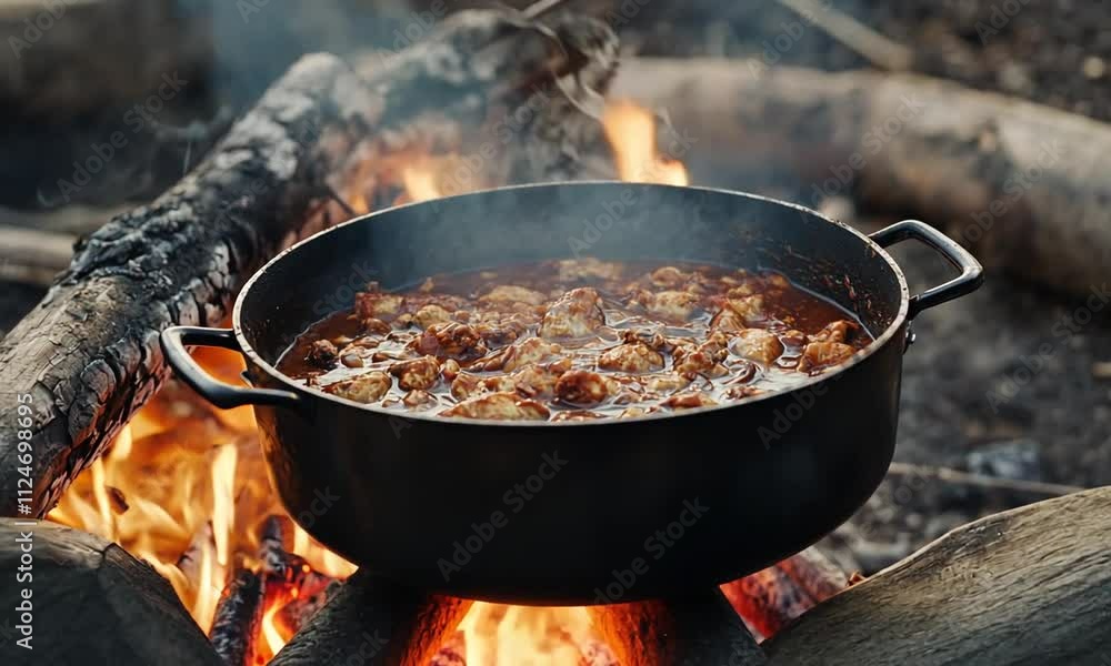 Campfire Stew Simmering in a Cast Iron Pot Over Embers Campfire Stew Simmering in a Cast Iron Pot Over Embers
