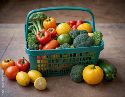 colorful fresh vegetables, shopping basket, broccoli, tomatoes, lemons, peppers, farmers market produce, vibrant colors, healthy food, organic ingredients, rustic wooden background, close-up shot, hig photo