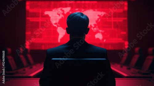 politics government agenda concept. A silhouette of a figure sits before a large red screen displaying a world map, evoking themes of surveillance, power, and technology in a modern setting. photo