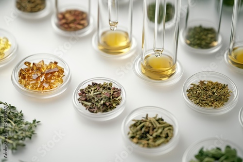 Wallpaper Mural Collection of essential oils and dried herbs arranged on a table in a wellness workshop setting Torontodigital.ca