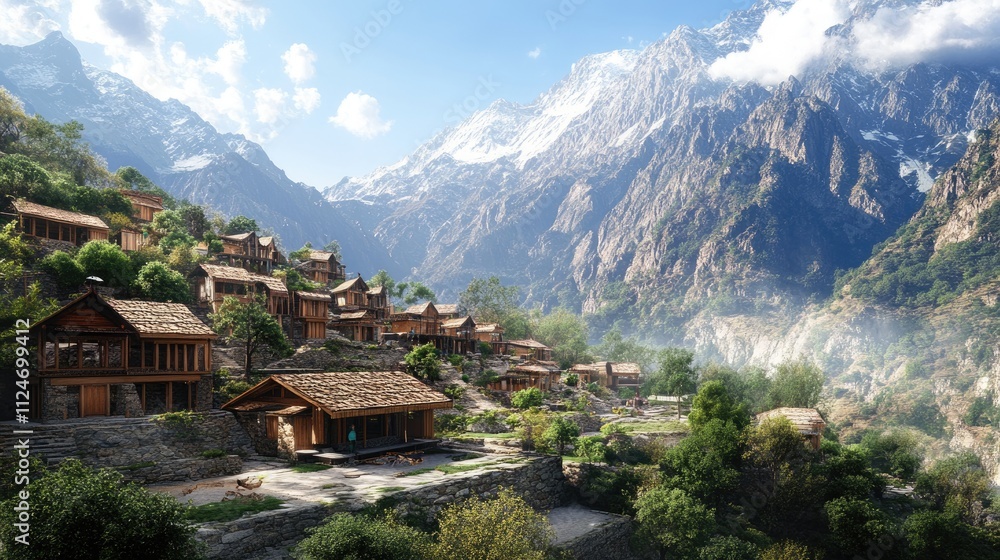 A traditional village nestled in the foothills of towering mountains, showcasing indigenous architecture and customs. Concept of cultural authenticity and heritage A traditional village nestled in the foothills of towering mountains, showcasing indigenous architecture and customs. Concept of cultural authenticity and heritage
