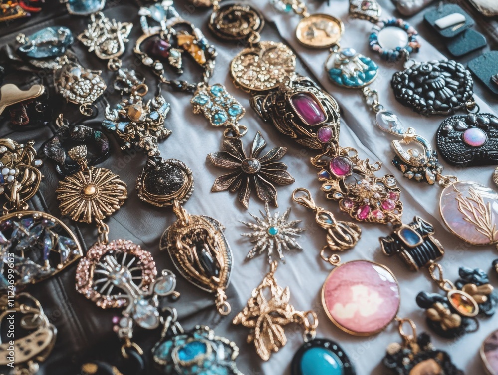 A collection of colorful charms displayed on a table, perfect for accessorizing bags A collection of colorful charms displayed on a table, perfect for accessorizing bags