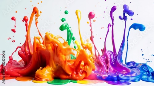 Vibrant color splash creates a stunning rainbow effect with paint droplets in motion in bright lighting
