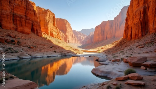 Beautiful landscape showcasing colorful rock formations and serene water in a natural desert environment during daylight hours