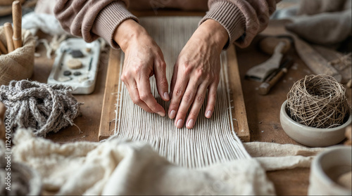 Artisan Hands Weaving Fabric on Wooden Loom – Craftsmanship Focus photo