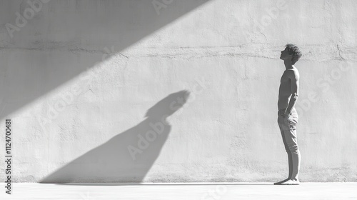A solitary figure gazes upwards against a stark wall, casting a shadow.