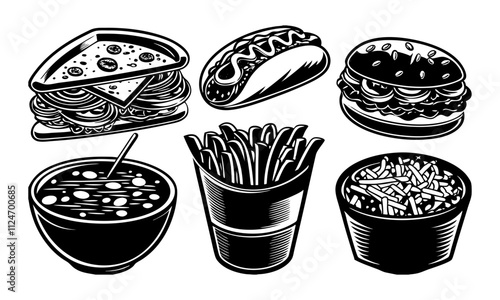 Download Fast Food Realistic Render  Pizza, Taco, Hamburger, Ramen Noodle Soup, Hot Dog, Fries Potatoes  Vector Illustration . This Design Concept Isolated Premium Vector.  photo