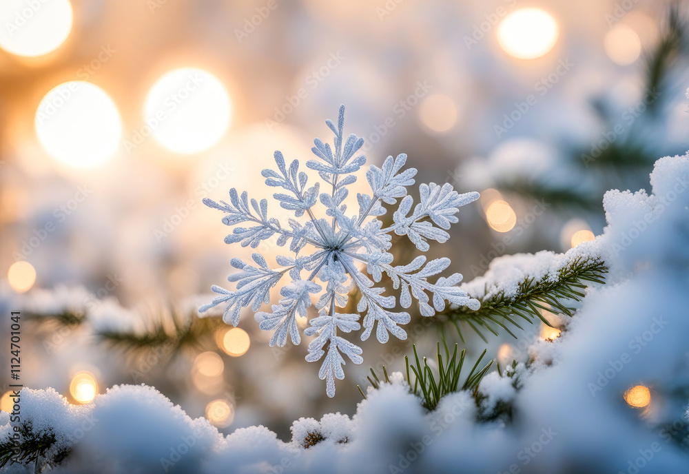 Elegant and Beautiful Snowflake Ornament Happily Adorned on a Christmas Tree during the festive season. Winter Christmas background with bokeh. Copy space Elegant and Beautiful Snowflake Ornament Happily Adorned on a Christmas Tree during the festive season. Winter Christmas background with bokeh. Copy space