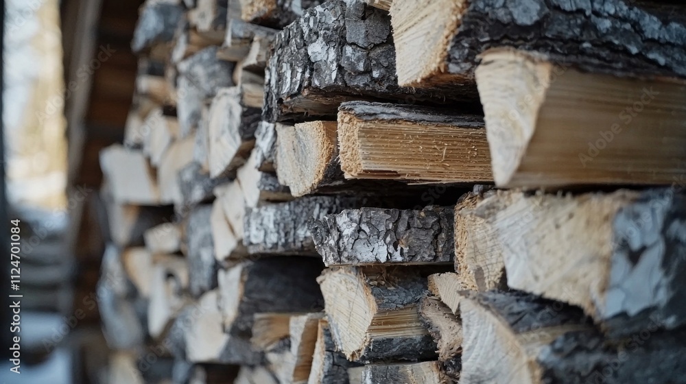 This composition highlights a close-up view of neatly chopped firewood, offering a glimpse of its rugged texture and the varying hues of bark and wood, perfect for a cozy atmosphere This composition highlights a close-up view of neatly chopped firewood, offering a glimpse of its rugged texture and the varying hues of bark and wood, perfect for a cozy atmosphere