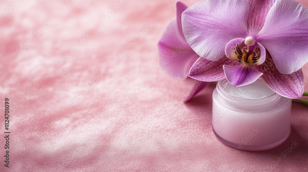 Delicate Orchid with Cream Jar on Pink Surface Delicate Orchid with Cream Jar on Pink Surface