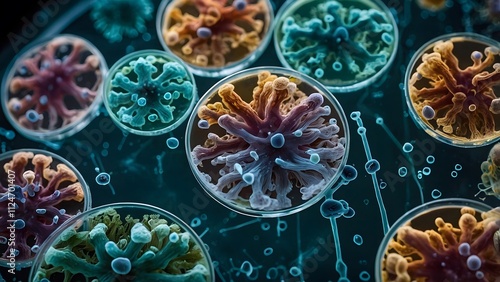A macro close-up shot of bacteria and virus cells in a scientific laboratory petri dish