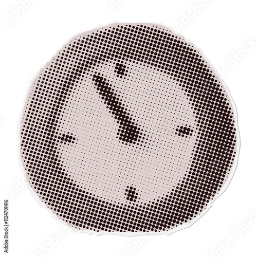 Clock - Christmas torn out paper sticker in naive halftone collage style. Vector vintage clay toy.