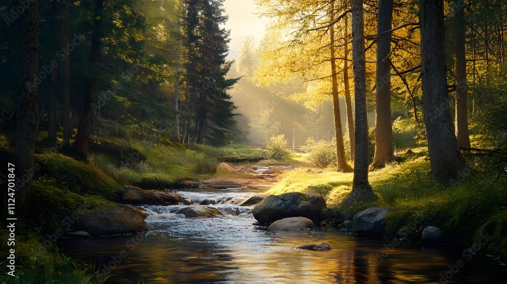 Obraz premium Green forest in sunlight with forest stream