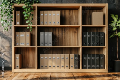 Stylish wooden bookshelf filled with organized folders and file boxes in a modern office setting