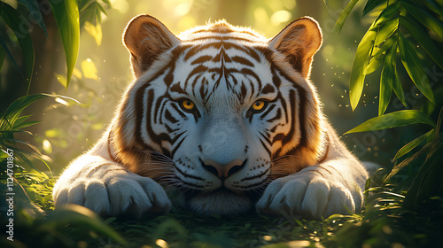 Majestic White Tiger Resting in Lush Tropical Jungle Sunlight photo